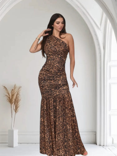 Wild Temptation Leopard Maxi Dress One Shoulder Mesh – Brown Multi close up detail of one shoulder design and fabric