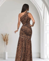 Wild Temptation Leopard Maxi Dress One Shoulder Mesh – Brown Multi side view highlighting floor-length hemline