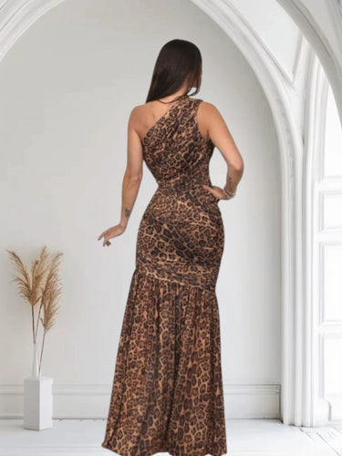 Wild Temptation Leopard Maxi Dress One Shoulder Mesh – Brown Multi side view highlighting floor-length hemline