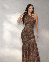 Wild Temptation One Shoulder Mesh Maxi Dress - Brown Multi - Palazzo Couture Online