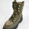 Olive green combat boots with lace-up front and thick sole