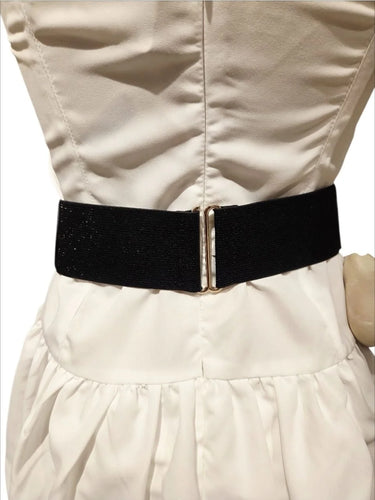 Women's black stretch belt with wave design buckle - fashion elastic waist belt