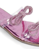 Women Rhinestone Double Bow Clear Strap Slide on Sandals (Pink) - Palazzo Couture Online