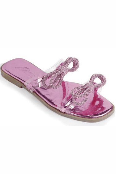 Women Rhinestone Double Bow Clear Strap Slide on Sandals (Pink) - Palazzo Couture Online