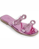 Women Rhinestone Double Bow Clear Strap Slide on Sandals (Pink) - front view