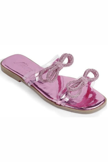 Women Rhinestone Double Bow Clear Strap Slide on Sandals (Pink) - front view