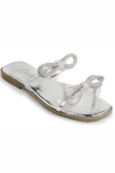 Women Rhinestone Double Bow Clear Strap Slide on Sandals (Silver) - Palazzo Couture Online