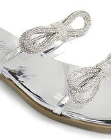 Women Rhinestone Double Bow Clear Strap Slide on Sandals (Silver) - Palazzo Couture Online