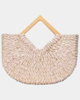 Wood Handle Straw Tote Bag with Woven Natural Texture - chic clutch by Palazzo Couture