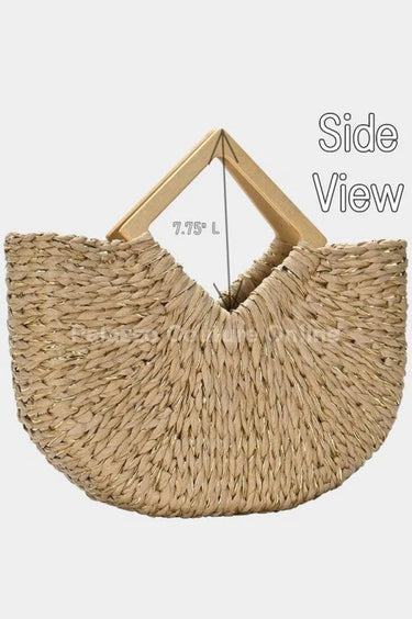 Wood Handle Straw Tote Bag with Woven Natural Texture - women's evening clutch