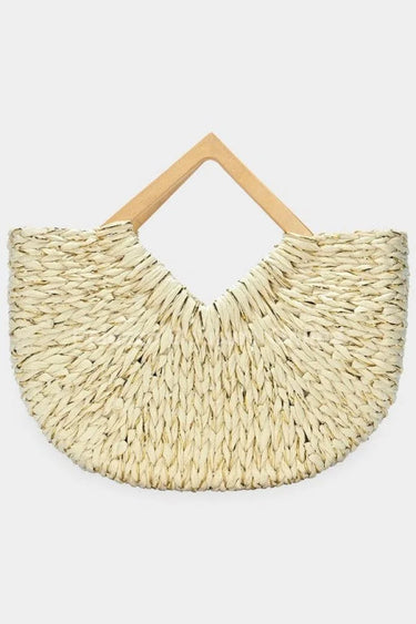 Wood Handle Straw Tote Bag with Woven Natural Texture - stylish purse for going out