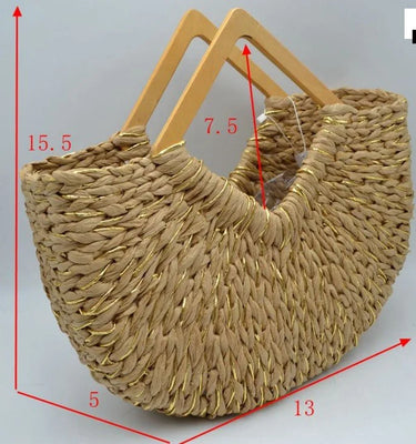Wood Handle Straw Tote Bag (Peach) - stylish purse for going out