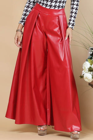 Solid  Faux Wide Leather Palazzo Pants (Red)