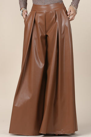 Solid  Faux Wide Leather Palazzo Pants (Brown)