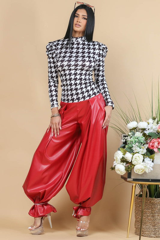 Solid  Faux Wide Leather Palazzo Pants (Red)