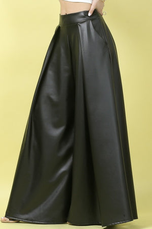 Solid  Faux Wide Leather Palazzo Pants (Black)