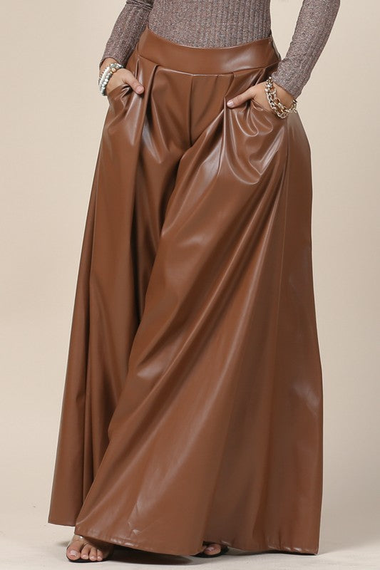 Solid  Faux Wide Leather Palazzo Pants (Brown)