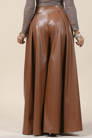 Solid  Faux Wide Leather Palazzo Pants (Brown)