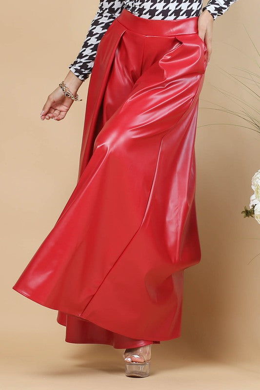 Solid  Faux Wide Leather Palazzo Pants (Red)