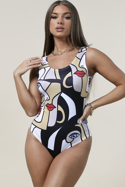 Abstract Face Print Bodysuit