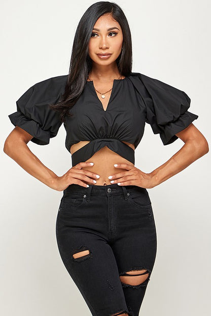 Voluminous Puff Sleeve Waist Tie Blouse (Black)