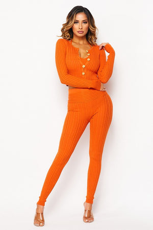 3 Pcs Cable Knit Legging Pant Set (Orange)