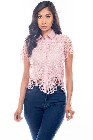 Lace Blouse Polo Neck (Pink)