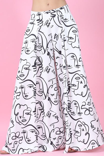 Face Graphic Print Palazzo Pants (White)