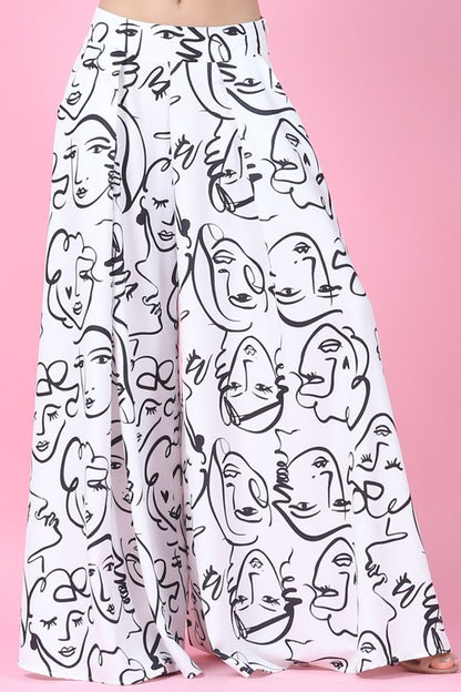 Face Graphic Print Palazzo Pants (White)