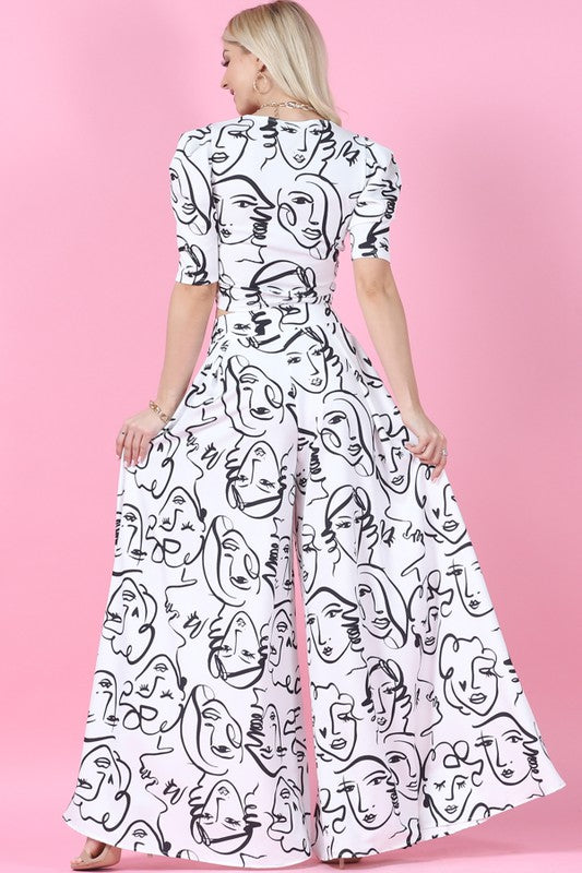 Face Graphic Print Palazzo Pants (White)