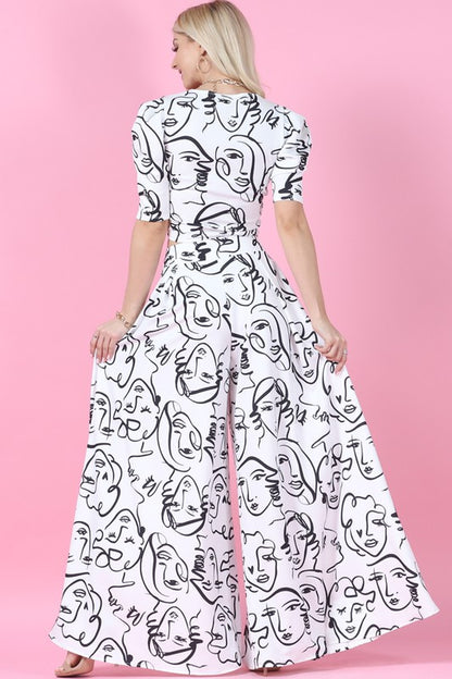 Face Graphic Print Palazzo Pants (White)