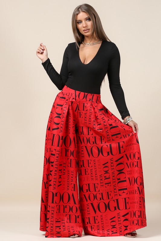 Custom Red Vogue Print Graphic Palazzo Pants