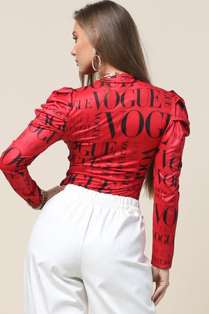 Vogue Print Mock Neck Long Sleeve Top (Red)
