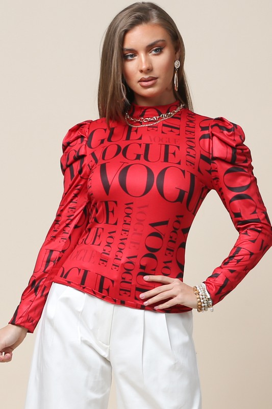 Vogue Print Mock Neck Long Sleeve Top (Red)
