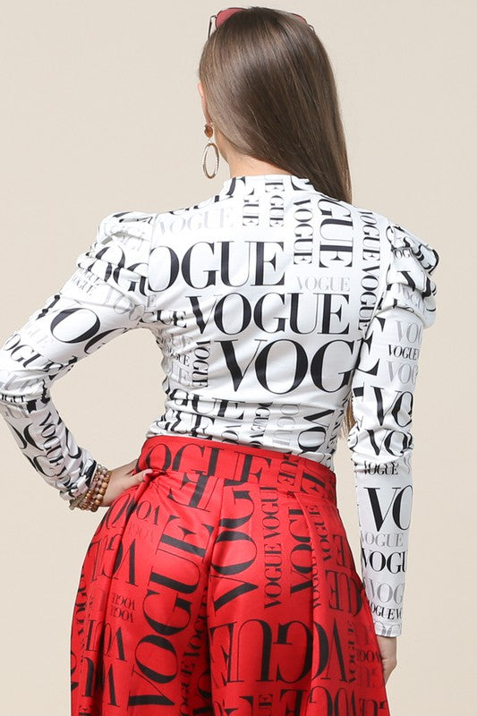 Vogue Print Mock Neck Long Sleeve Top