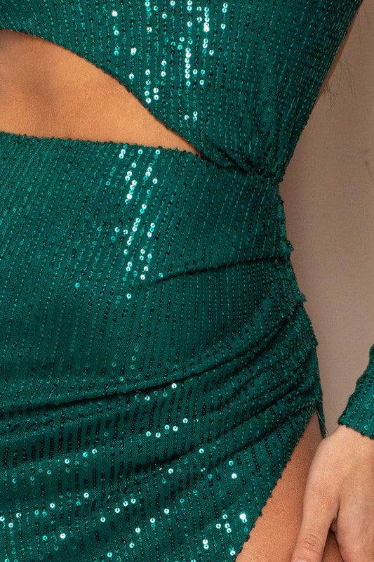 Sequin Mock Neck Maxi Dress (Emerald)