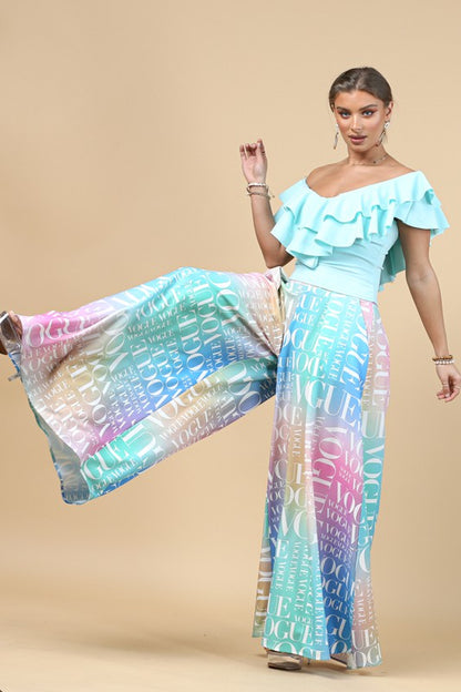 Multi Vogue Print Wide Leg Palazzo Pants