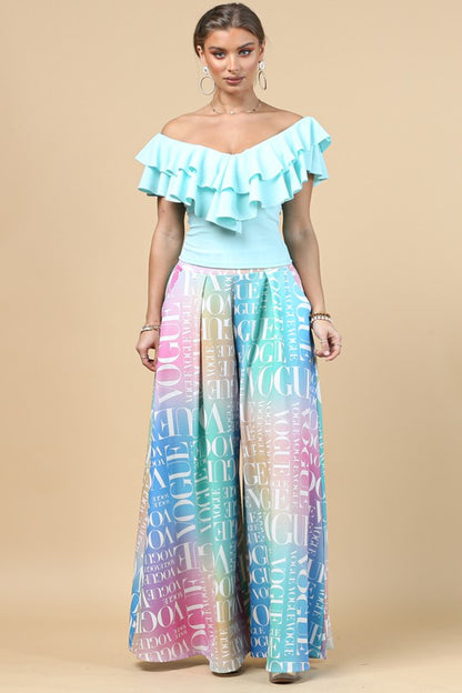 Multi Vogue Print Wide Leg Palazzo Pants