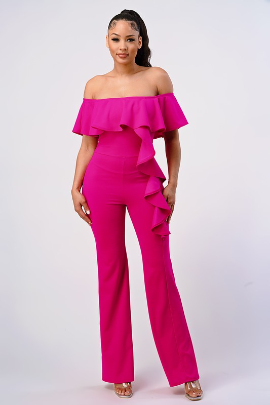 Off The shoulder Ruffle Trim Fushia Jumpsuit – Palazzo Couture Online