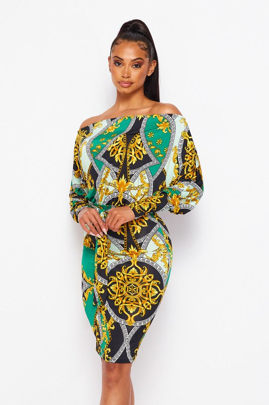 Off Shoulder Mini Dress With Self Waist Tie ( Gold-Green)