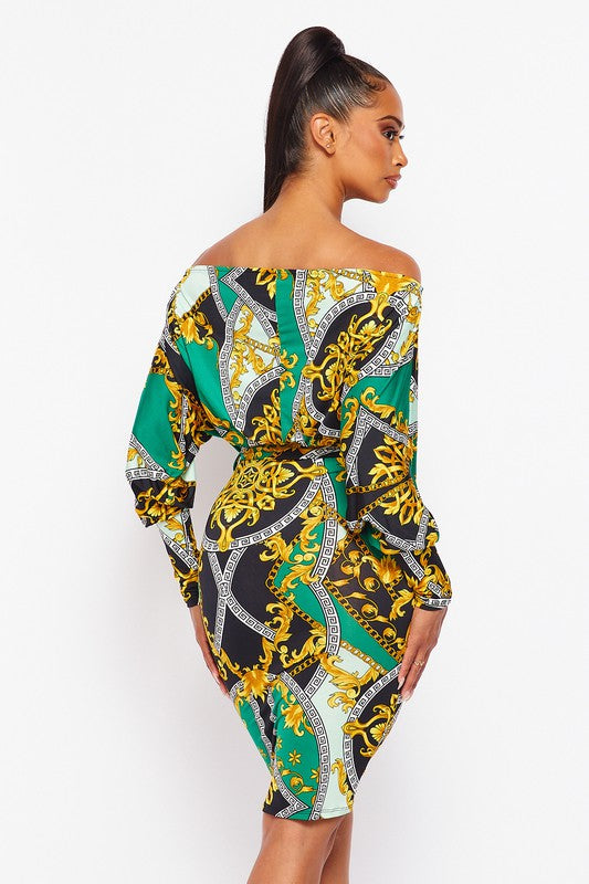 Off Shoulder Mini Dress With Self Waist Tie ( Gold-Green)