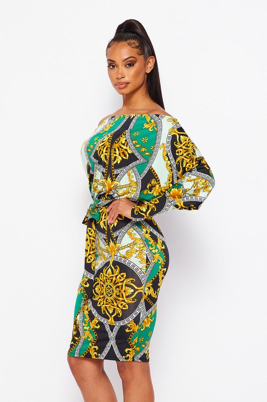 Off Shoulder Mini Dress With Self Waist Tie ( Gold-Green)