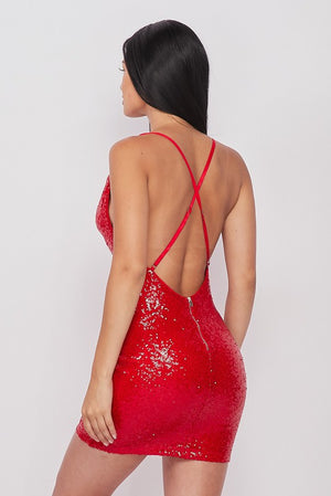 Drape Neck Sequins Short  Dress (Red)
