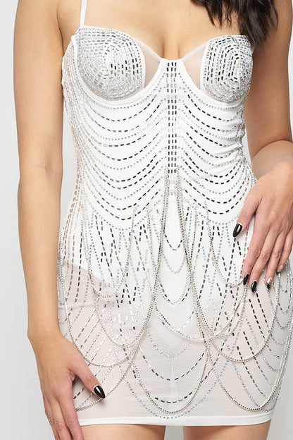 Celine Crystal Mini Dress (White)