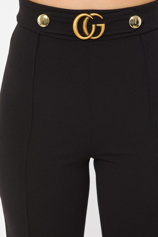 Buckle Detailed  High Waist Pants (Black)