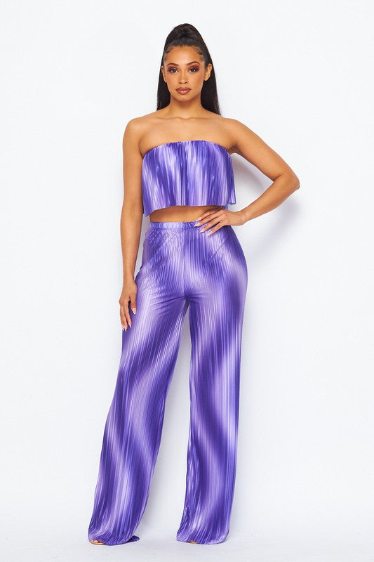Flared bandeau top and straight leg pants set (purple)