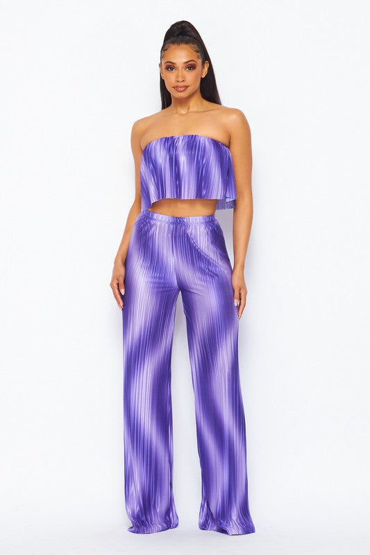 Flared bandeau top and straight leg pants set (purple)