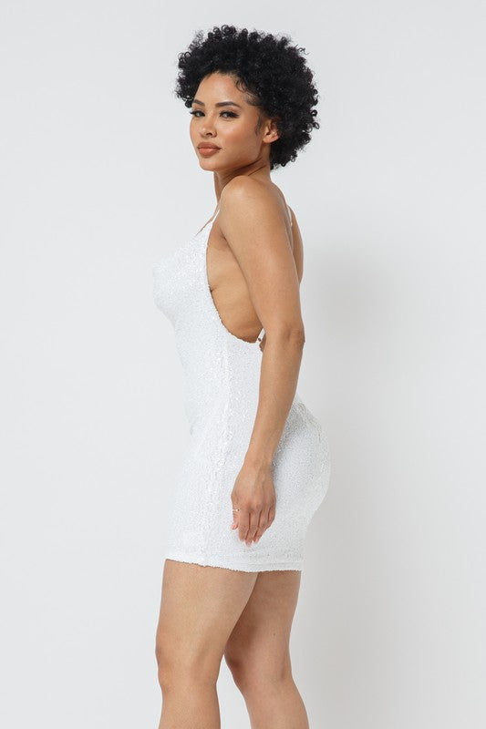 Drape Neck Sequins Short  Dress (White)