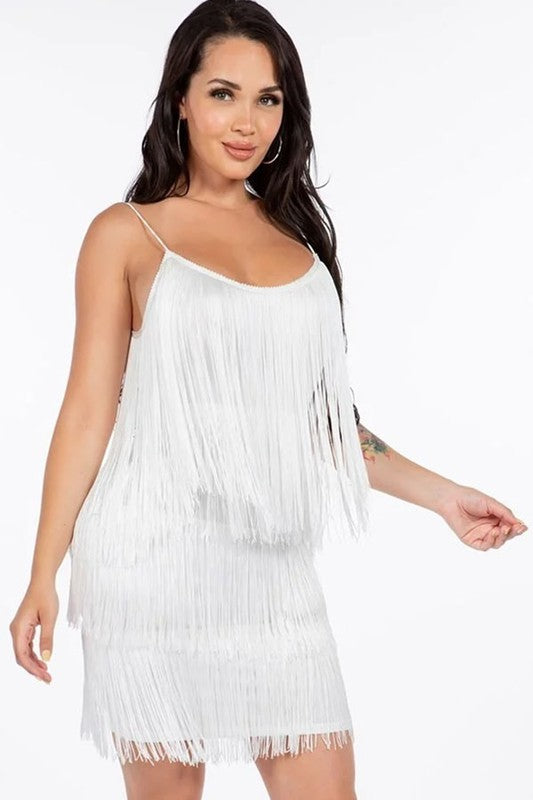 Fringe Tiered Layer Mini Dress  Dress (White)