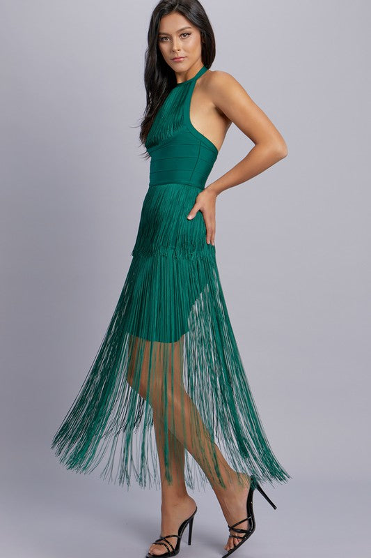 Halter Fringe Mini Dress (Green)